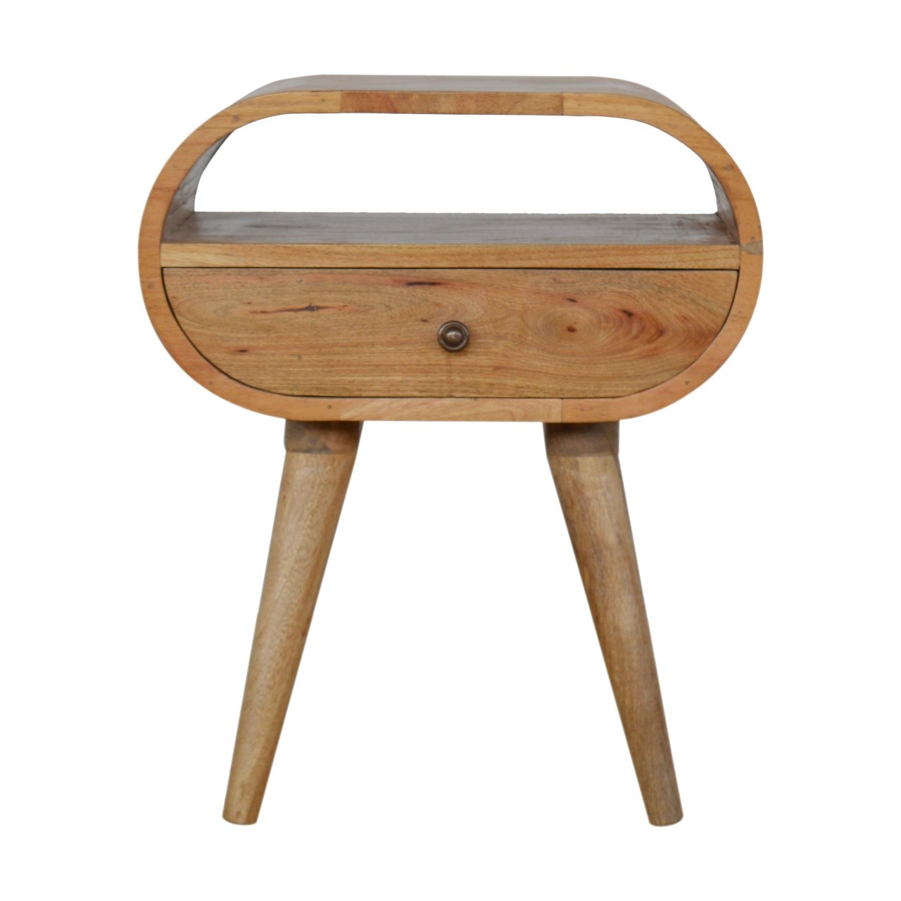 Round Solid Mango Wood Nightstand with Drawer and Open Shelf – Handcrafted Bedside Table