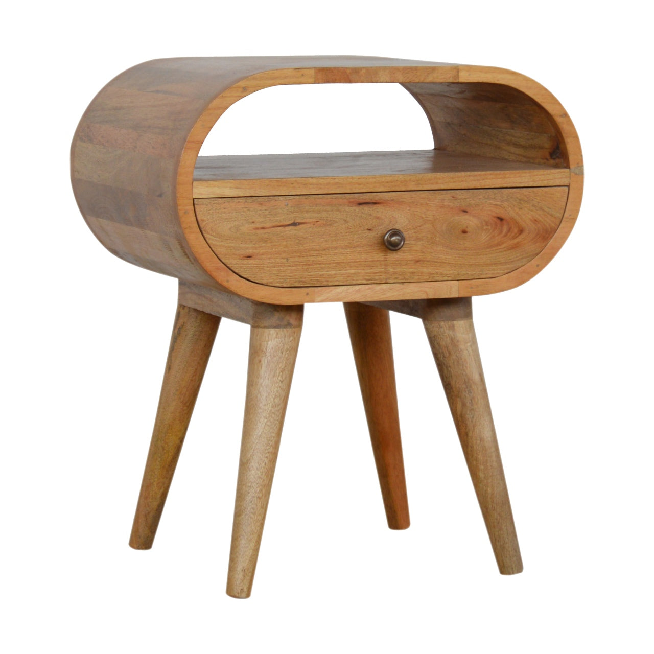 Round Solid Mango Wood Nightstand with Drawer and Open Shelf – Handcrafted Bedside Table