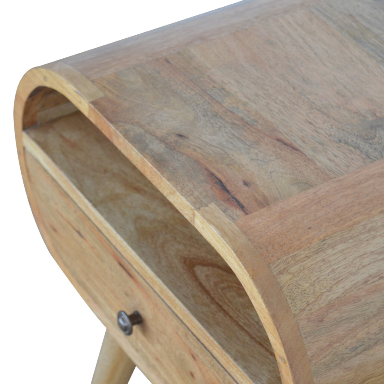 Round Solid Mango Wood Nightstand with Drawer and Open Shelf – Handcrafted Bedside Table