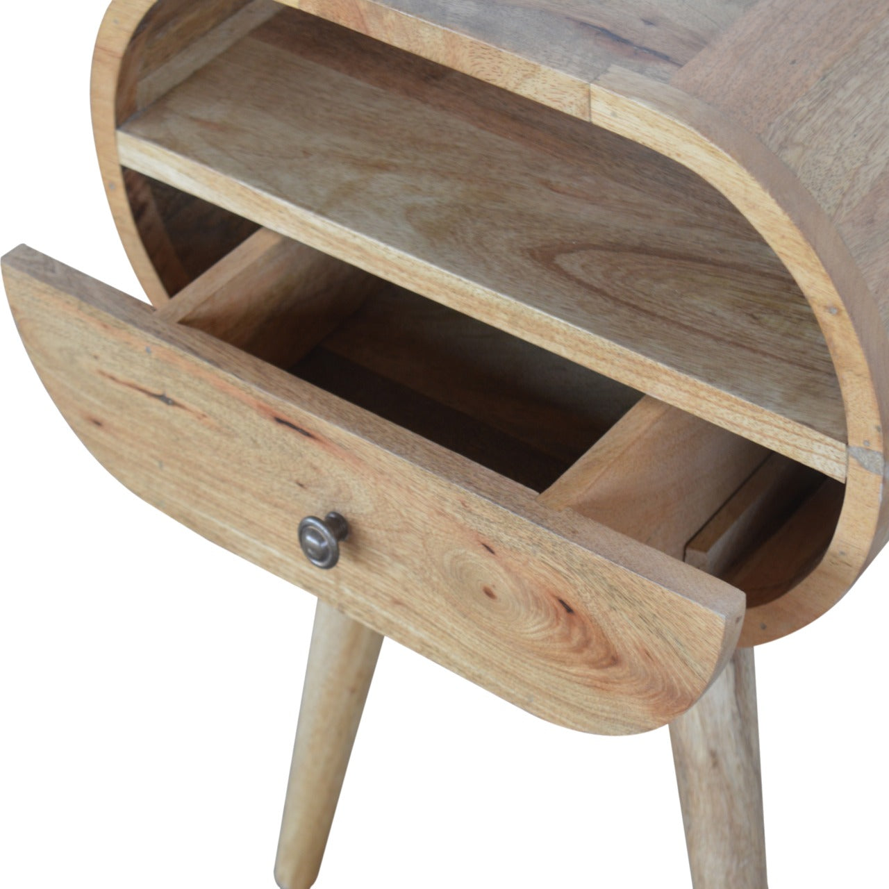 Round Solid Mango Wood Nightstand with Drawer and Open Shelf – Handcrafted Bedside Table