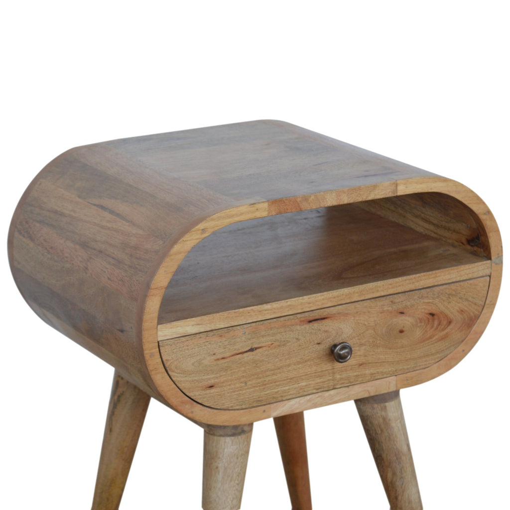 Round Solid Mango Wood Nightstand with Drawer and Open Shelf – Handcrafted Bedside Table