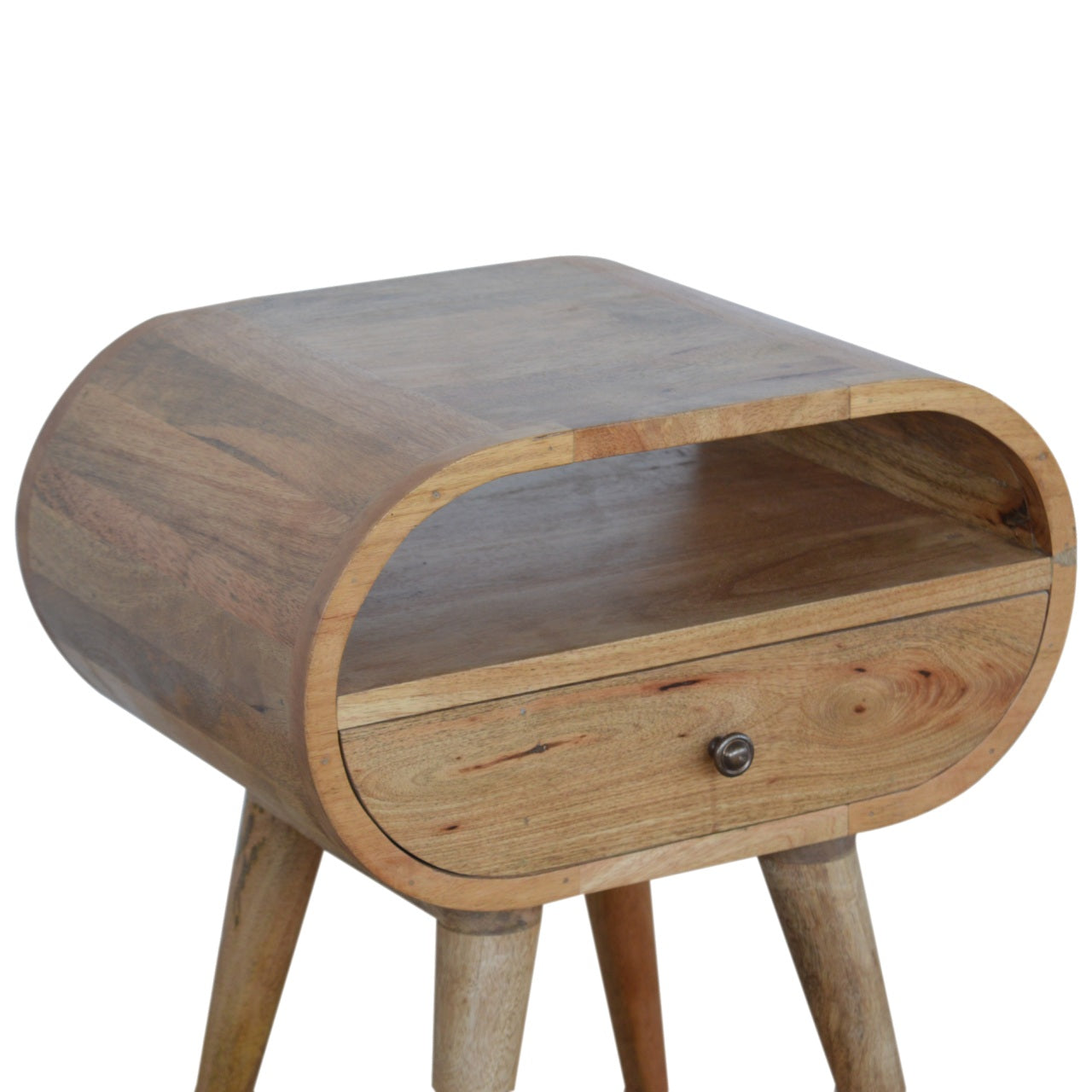 Round Solid Mango Wood Nightstand with Drawer and Open Shelf – Handcrafted Bedside Table
