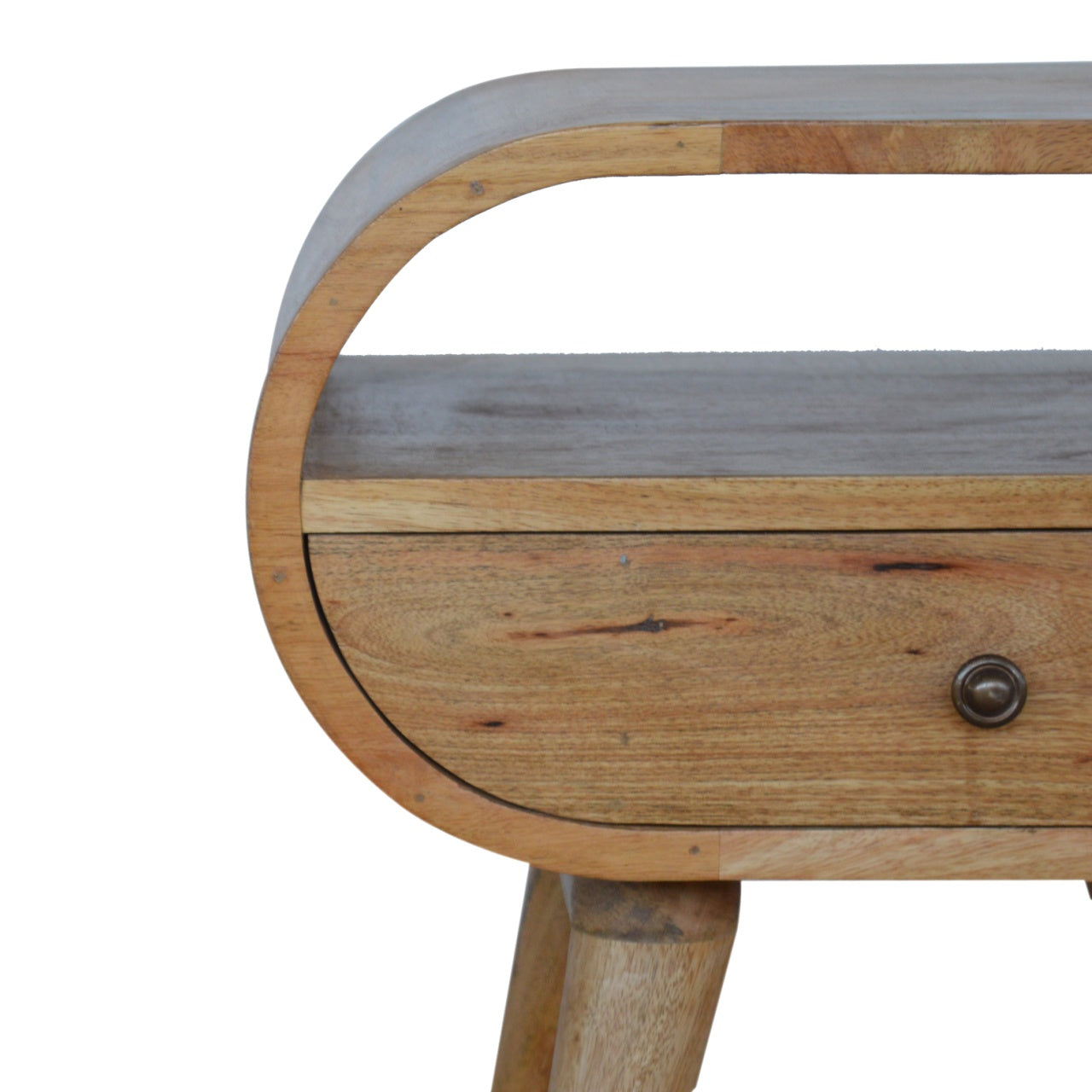 Round Solid Mango Wood Nightstand with Drawer and Open Shelf – Handcrafted Bedside Table