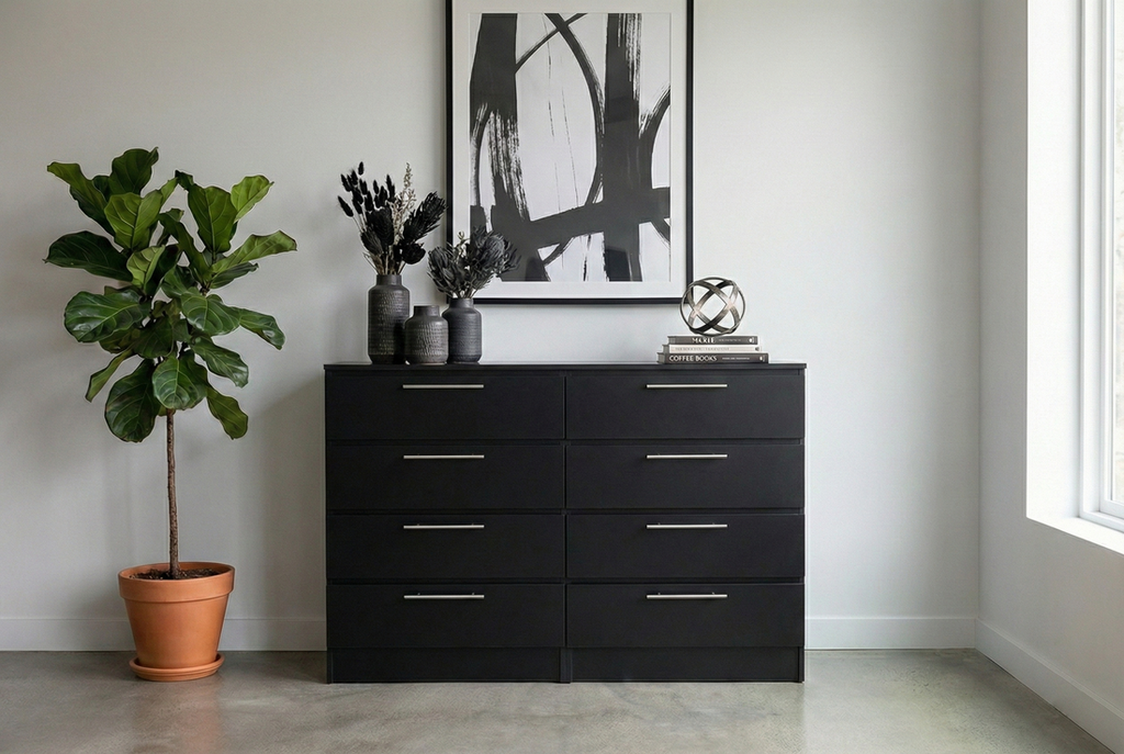 Tokyo Modern 8-Drawer Double Dresser with Chrome Handles- Black