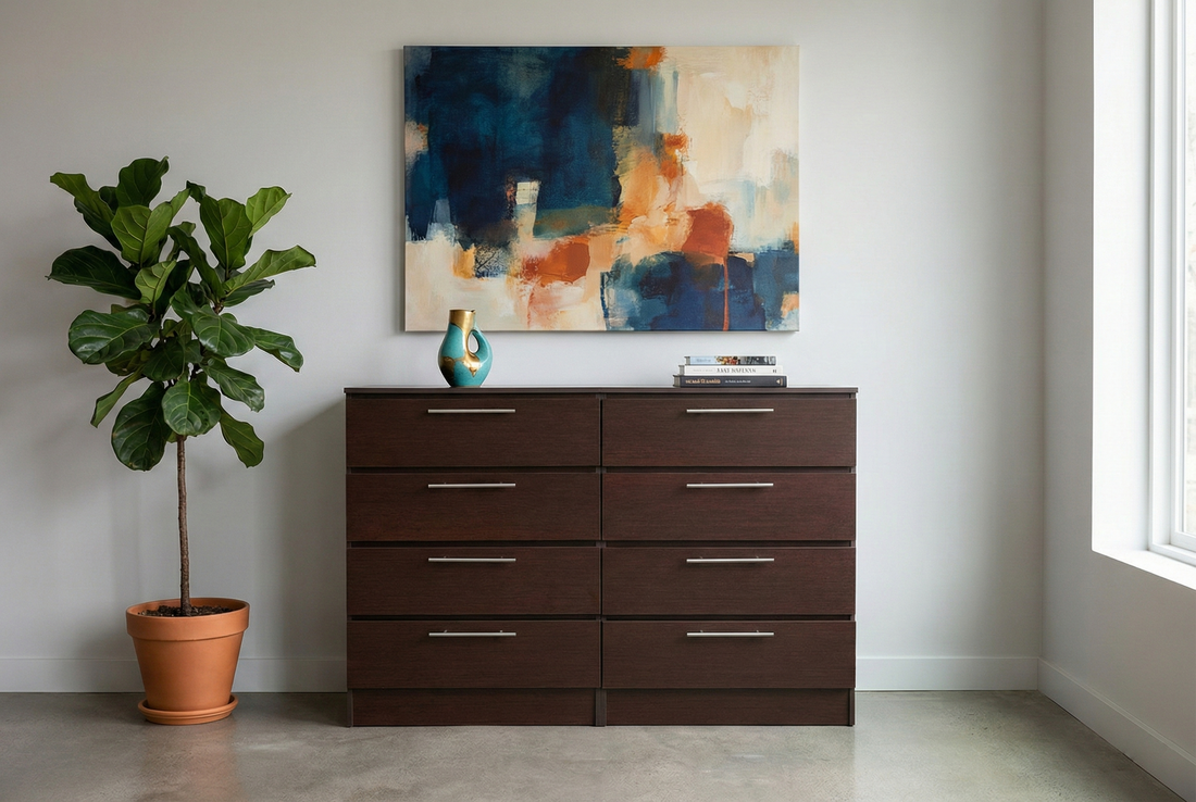 Tokyo Modern 8-Drawer Double Dresser with Chrome Handles- Cappuccino