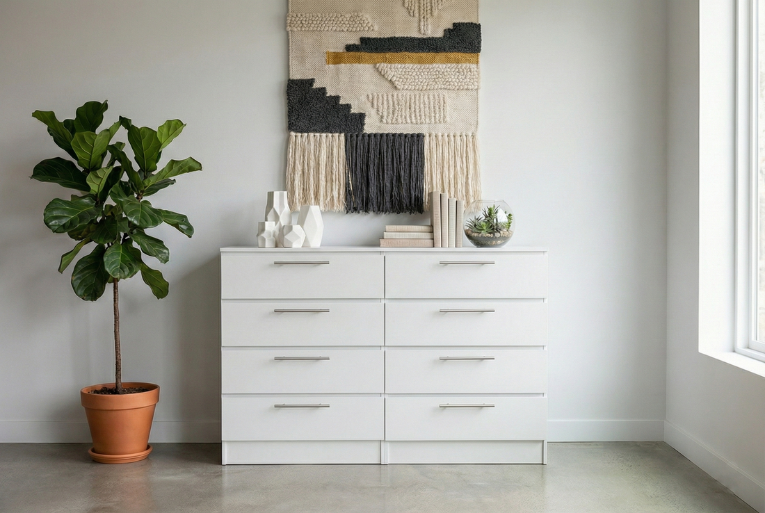 Tokyo Modern 8-Drawer Double Dresser with Chrome Handles- White